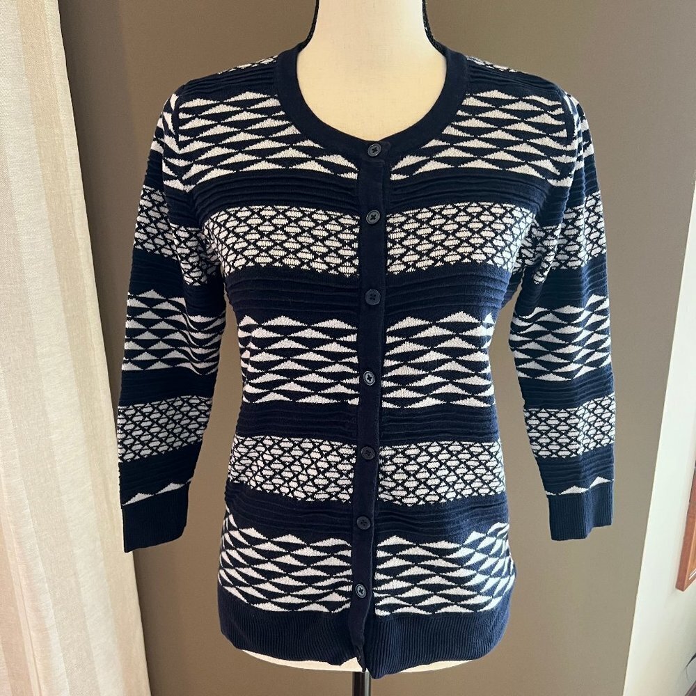 Merona Navy & White Cardigan Sweater, Size Small
